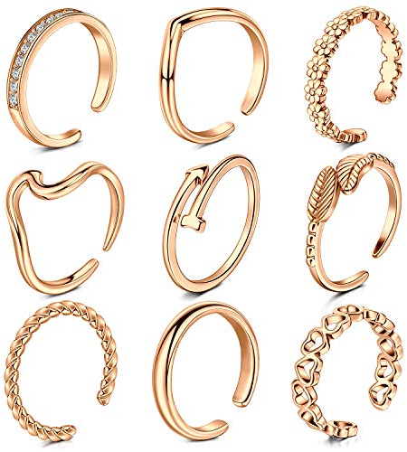 Rajnard Rosegold Zehenring Fingerringe Gelenkringe Chirurgischer Stahl Verstellbarer Bandring Fingerknöchel Fußring Blume Herz Blatt Pfeil Design Für Frauen Mädchen 9St