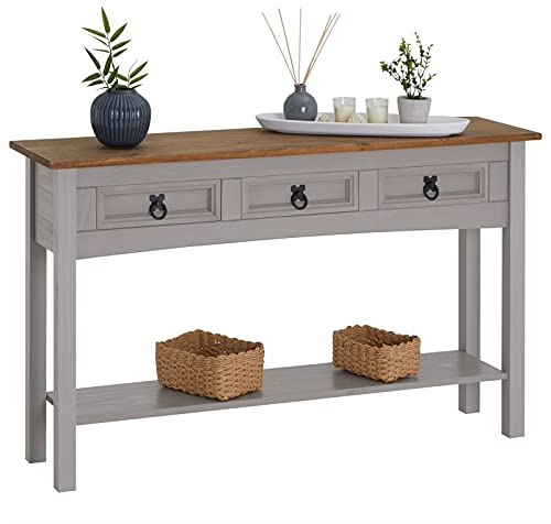 IDIMEX Console Ramon Meuble avec 3 Tiroirs et 1 Étagère, Table Console d'Entrée en Pin Massif, Poignée en Métal, en pin Massif Gris et Brun