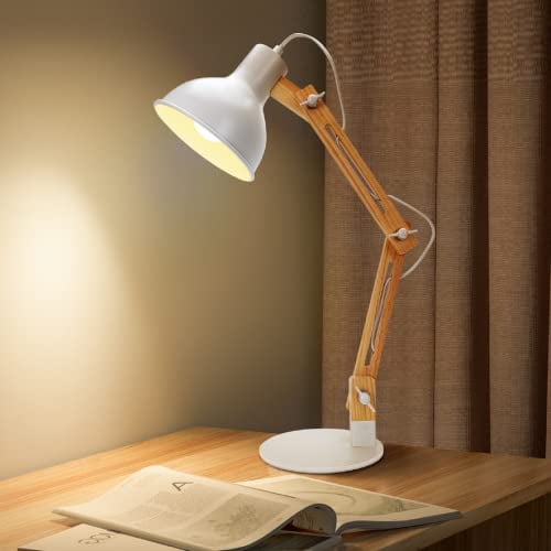 Aigostar Schreibtischlampe Retro mit Verstellbarem Arm, Tischleuchte im Klassichen Holz-Design, E27 Fassung, Vintage Nachttischlampe für Schlafzimmer, Wohnzimmer - Weiß