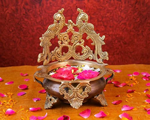 SHIVAJI ARTS Brass Parrot Urli, Centre Table Decor, Traditional bowl, Indian Brass Bowl Art, Ethnic Decorative Showpiece, Religious Decor Uruli