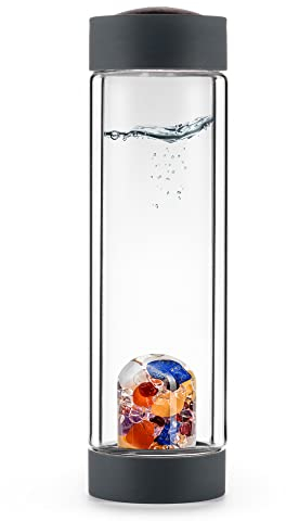 VitaJuwel ViA HEAT AYURVEDA | Teeflasche aus doppelwandigem Glas mit Milchopal, Amethyst, Bergkristall, Lapislazuli, Granat, Karneol, Orangencalcit