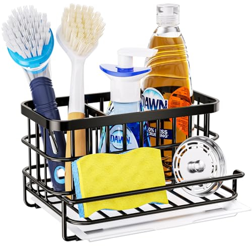 HapiRm Kitchen Sink Organiser Black - 4 in 1 Sponge Holder with Removable Drip Tray, Stainless Steel Kitchen Sink Caddy for Dish Brush, Sink Tidy for Countertop Storage & Organisation