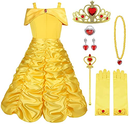 Vicloon Princesas Elsa Disfraz, Vestido y Accesorios para Niñas de Corona Anillo Sceptre Collar Pendientes Guantes, Disfraz Princesa Niña con Accesorios de Cosplay，Vestido Princesa Elsa, 9pcs-110cm