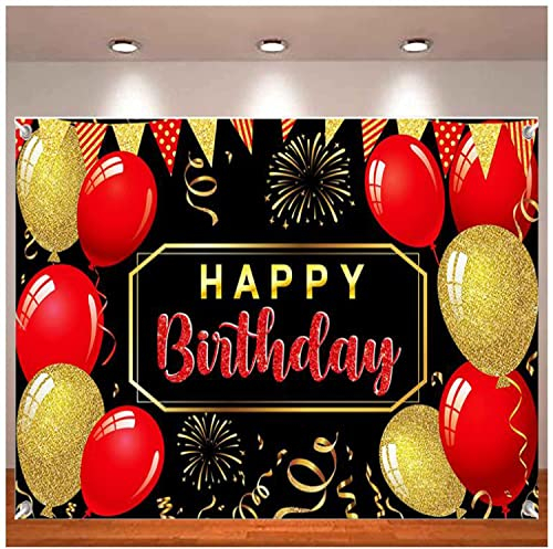 Fotografie Backdrop Banner Happy Birthday Party Dekoration Gedruckt mit großen roten, schwarzen und goldenen Luftballons Hintergrund Banner 180X120cm