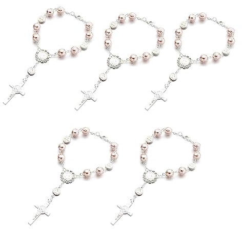 Floatdream 5 Stück Kreuz Christian Rosenkranz Armband, Kreuz Christian Armband, Kreuzperlenarmband, für Geburtstage, Konfirmationen, Kommunionen, Taufen, Partys (Rosa)
