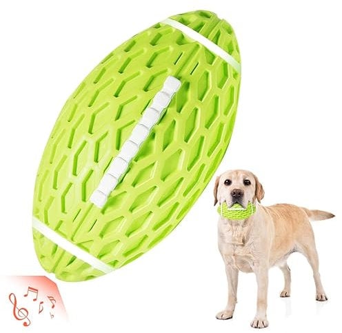 AUSCAT Hundespielzeug Ball Quietschend, 14cm Hundeball für Mittlere & Große Hunde, Quietschspielzeug Football-Form aus Naturkautschuk, Grün Rugby