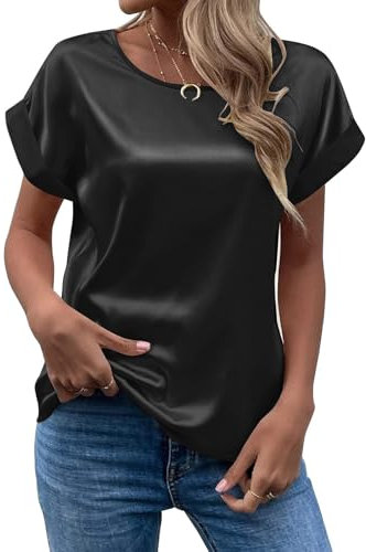 MINTLIMIT Womens Short Sleeve Satin Silk Blouse Rolled Round Neck Summer Casual Office Work Shirt 2024, Black