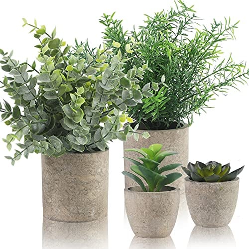 ARIATI Set of 4 Decorative Faux Plants with Pots - Mini Artificial Succulents, Eucalyptus, and Rosemary in Plastic Pots for Indoor Use - Perfect for Office Desk and Bedroom Décor