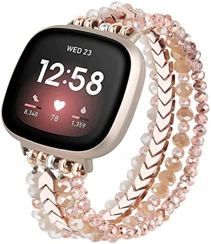 VISOOM Perlenarmband Kompatibel mit Fitbit Versa 4/Sense 2/Versa 3 Armband Damen, Beaded Boho Schmuck Ersatzband Mode Fitbit Sense Armbänder-Rosegold