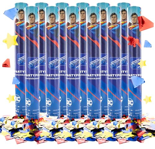 Party Factory – Konfettikanone Superman Party Popper 12er Set – Partygadgets Konfetti Kanone 40cm mit bunt schimmernden Schnipseln für Kindergeburtstag – Bis 8m Flughöhe, für Innen & Außen