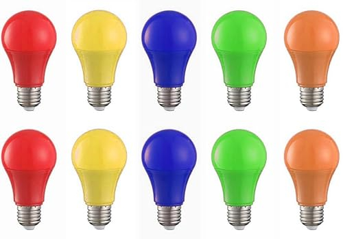 Aiwerttes 3 W LED Coloured Light Bulb E27 A60 Screw Cap Light Bulb for Wedding Halloween Christmas Party Energy Efficient Pack of 10 (Red, Yellow, Blue, Green, Orange)