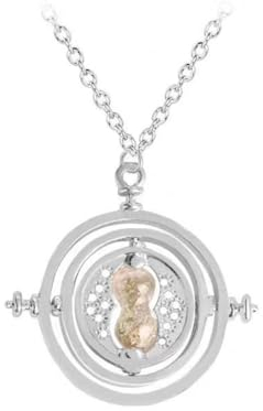 Rotating Hourglass Necklace,Time Turner Charm Fashionable Glass Pendan Necklace Long Chain Silver Snitch Jewelry for Harry Potter Fans