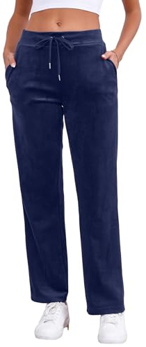 Pescool Velour Pants for Women, Straight Leg Womens Velour Sweatpants, Velvet Wide Leg Lounge Pants for Women with Pockets (Navy, L)