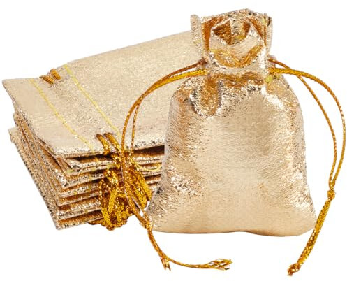 Beebeecraft 60 pz 2.76x1.97 pollici Sacchetti per Gioielli In Organza Dorata con Coulisse Sacchetti Regalo Resistenti per Matrimoni, Feste, Natale, Capodanno, Bomboniere, Caramelle, Cioccolato