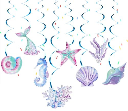 Meerjungfrau Geburtstag Streamer,8STK Meerjungfrau Kindergeburtstag Iridescent Paper Deko with Mermaid,Starfish,Seashell,Seepferdchen,Spirale Hängende Unterwasserwelt Deko für Birthday Partyzubehör