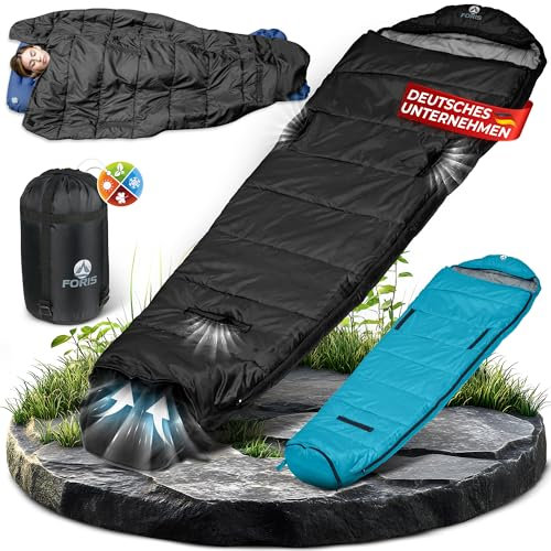 Foris® Mumienschlafsack 3-4 Jahreszeiten | mit exklusiv entwickeltem Belüftungssystem | -10-25°C | Exta lang 80x215cm | Wasserdicht | Outdoor Camping Festivals | Schwarz, Reißverschluss rechts