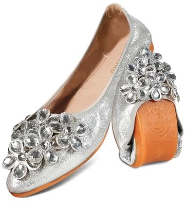 YOUNIFIZ Women's Elastic Foldable Portable Pumps Sparkly Rhinestones Ballet Ballerina Slip On Flats Dolly Shoes (Silver,Size 7)