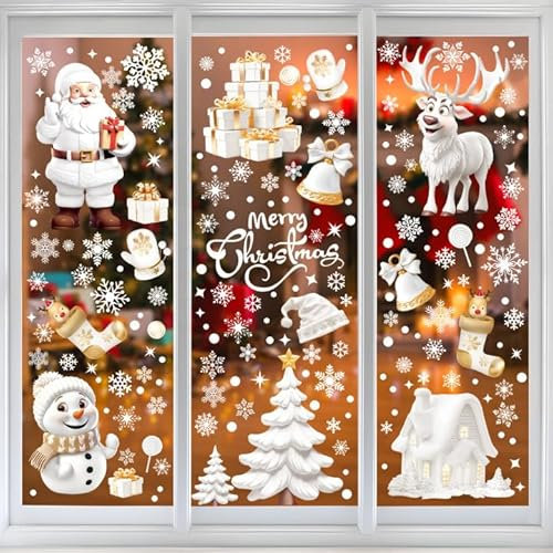 ONEBOOM 190 Pcs Fensterbilder Weihnachten Selbstklebend,Doppelseitige Wiederverwendbar Weiß Fensterdeko Weihnachten,Weihnachtsmann Häuser Schneeflocken Schneemann Fensteraufkleber für Fenster Tür ﻿