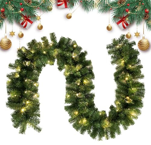 Guirnalda de Navidad con luces, guirnalda artificial para árbol de Navidad, 275 cm, decoración para exteriores, guirnalda para chimenea, escalera, chimenea, decoración navideña