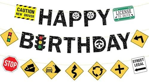 Happy Birthday Banner Auto, Banner Kindergeburtstag Baustelle, Geburtstagsbanner Kinder, Straßenschild Deko, Happy Birthday Girlande Schwarz, Geburtstag Party Deko für Mädchen, Junge