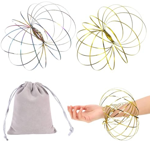 DIFLAX 2 Stück Durchflussringe Spielzeug 3D Arm Feder Magisch Durchflussring Edelstahl Interaktiv Feder Spielzeug mit Graue Samt Beutel für Antistress Spielzeug (Gold+Farbe)