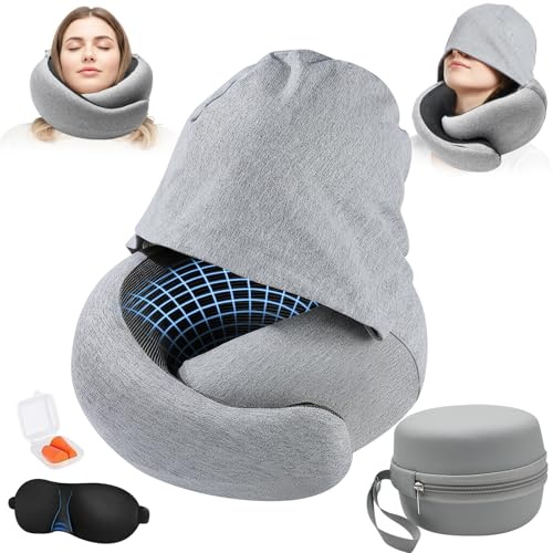 JNUYISW Nackenkissen Flugzeug, Verstellbarer Reisekissen Memory Foam mit Kapuze Unterstützt Kopf Nacken Nackenhörnchen Erwachsene mit Schlafmaske, Ohrstöpsel, Tragetasche für Flugzeug, Auto, Zug
