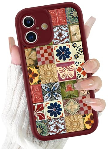 Tivkofk Collage Floral Print Case for iPhone 16 6.1, Cute Aesthetic Preppy Design Flower Pattern Phone Cover for Girls, Silicone Soft Shockproof Protective Case for Women, Burgundy