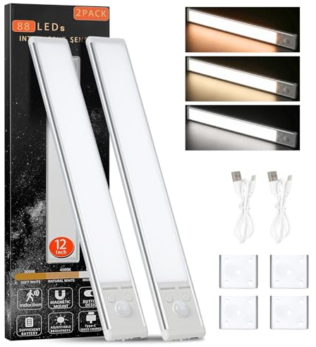 Suruid Schrankbeleuchtung mit automatischer Sensor, 30 cm unterbauleuchte mit 88 LED-Lampen, Magnetbefestigung und 3M für Installation, Mehrstufige Intensität, Warmweiß/Natürliches Licht/Kaltweiß