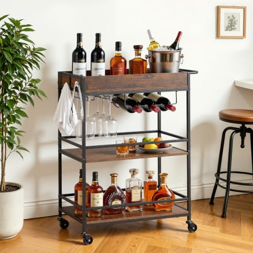 VEVOR Desserte Polyvalente, Chariot de Service pour Bar 3 Niveaux 68x36x83 cm, Rangement Vins Ustensiles Boissons Cuisine, Bar Roulant Plateaux en Bois, Range-Bouteilles et Porte-Verres, Marron