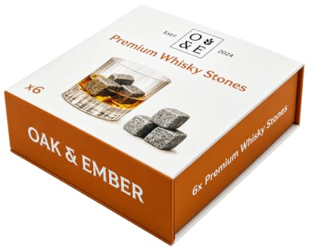 Oak & Ember Whisky Stones Gift Set – 6 Reusable Granite Whisky Stones with Velvet Storage Pouch – Chilling Stones for Whisky, Bourbon, Scotch & Spirits – Whisky Accessories & Gifts
