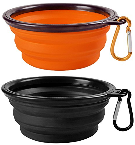 2-Pack plegable del recorrido Perro Bowl, MAXIN silicona Comedero portátil Pet Food agua de la taza, plato plegable extensible Copa para los animales domésticos, aprobado por la FDA. [Negro y naranja]