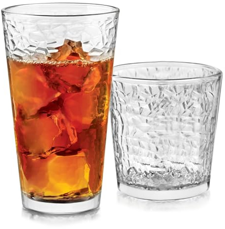 Libbey Yucatan Tumbler und Rock Gläser Trinkset, Strukturierte Trinkgläser Set 16 Stück, Allzweck-Glasbecher Set für Veranstaltungen und Alltag
