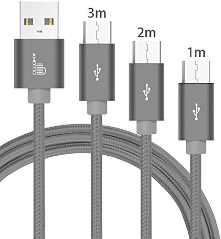 ameego [3Pack 1m+2m+3m] High Speed Strong Nylon Braided Tangle-Free 3.1A Micro USB Data Charge Cable for Samsung, HTC, Nokia, Sony, Kindle, PS3, Speaker, Power bank and More Micro USB Devices (Grey)