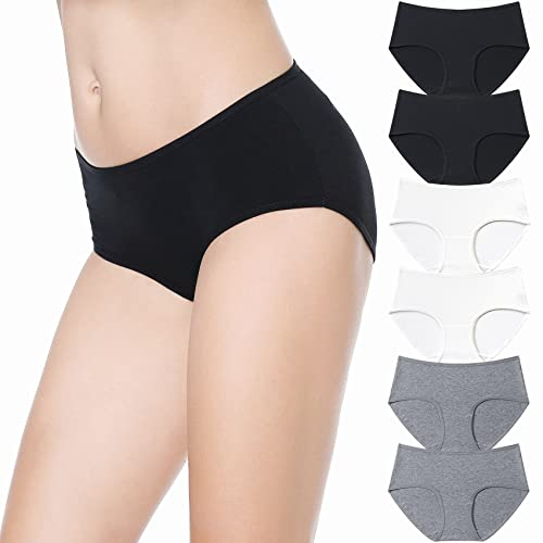 Falechay Slip Donna Mutande Cotone a Vita Media Culotte Nero Bianca Grigio-L Pacco da 6