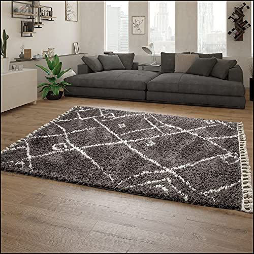 Paco Home Hochflor Teppich Wohnzimmer Shaggy Skandinavisch Fransen Flauschig Modern Langflor, Grösse:140x200 cm, Farbe:Anthrazit 2