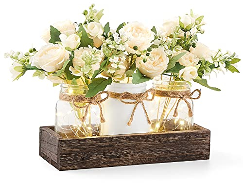 Mkono Mason Jar Lights Centerpiece Table Decor for Dining Room Farmhouse Wood Tray with 3 Jars Flowers Fall Decoration for Coffee Table Kitchen Living Room Wedding