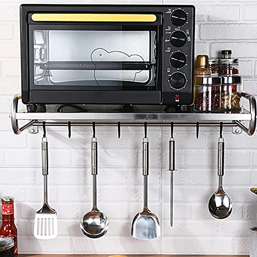 SHZICMY Estantería de acero inoxidable para horno microondas, estante de cocina montado en la pared con 6 ganchos, capacidad de peso de 30 kg, para cocina, cuchillo, cuchara, sartén, horno microondas