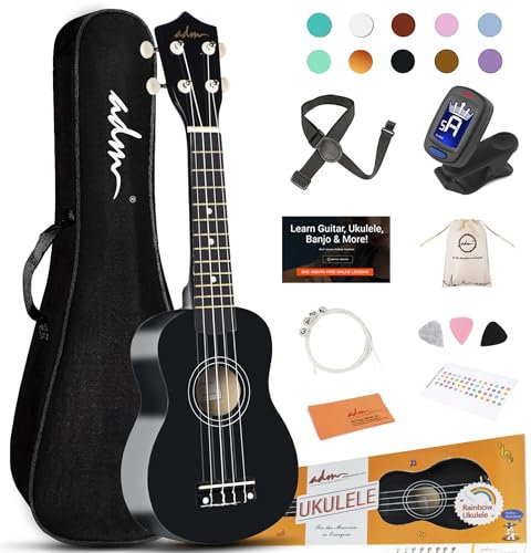 ADM Sopran-Ukulele für Anfänger, 53 cm große Hawaiianische Ukulele aus Holz, für Kinder, Erwachsene, Studenten, Anfänger, professionelle Ukulele mit Gurt und Konzerttasche usw., Schwarz