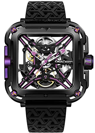 CIGA Design Orologio Automatico Uomo - X Series SUV Orologio da Polso Meccanico con Design Scheletro, Quadrato, Vetro Zaffiro con Cinturino in Nylon e Silicone, Cyber Viola