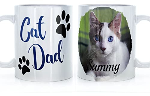 Personalised Mug and Belgian Milk Chocolate/Hot Chocolate Stirrer Marshmallow Gift Set, Custom Father's Day Gift, (11oz) White Mug Customised with Photo 'Cat Dad' Paw Prints Design, Father's Day Mug