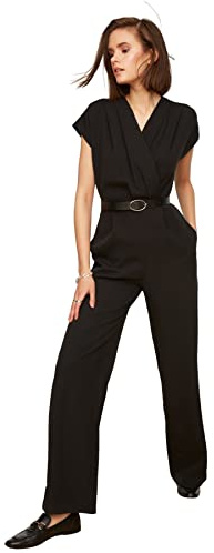 Schwarz Belted Double Breasted Kragen Wide Leg Gewebt Jumpsuit TWOSS21TU0004