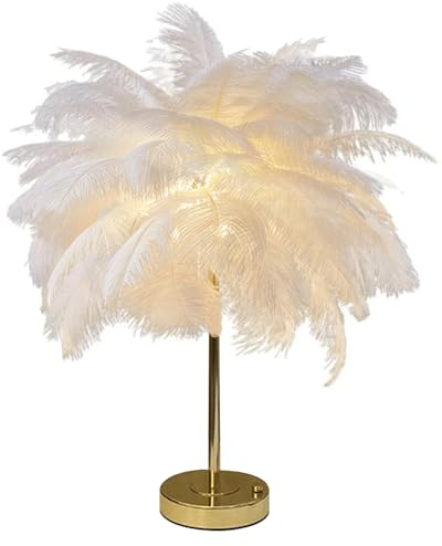 Dechoga Feder-Tischlampe Touch-Schalter USB-Straußenfeder-Lampe 3-farbige Dimm-Schreibtischlampe mit goldenem Metallsockel 30 Stück Feder für Kinderzimmer-Mädchen-Schlafzimmer