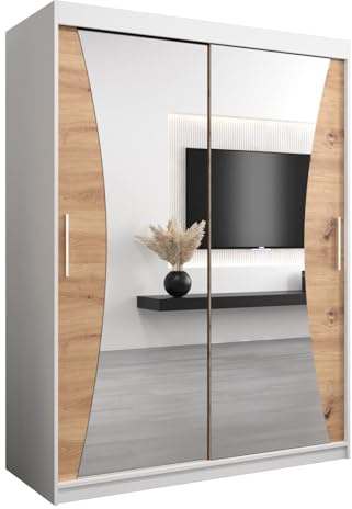 ABIKSMEBLE Armoire Monaco 150 avec portes coulissantes, tringle et étagère pour chambre à coucher avec miroir (blanc mat + chêne artisanal)