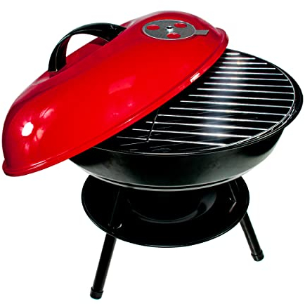Barbacoa Redonda con 3 Patas Desmontable de Acero 37x37x39cm con Bandeja y Tapa -BBQ USA Parrilla de Barbacoa de Carbón o Leña al Aire Libre, Camping y Picnic - Barbacoa Americana