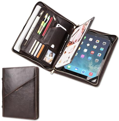 CataPurus Top Grain Leather 12.9 Large Portfolio, Solid Vintage Design, Handmade, Large Capacity Multi-Functional Business Zip Padfolio, Suitable for Cards/Tablet/Phone/A4 Doc, Dark Coffee 12.9 Inch