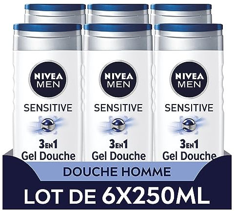 NIVEA MEN Gel Douche Sensitive (lot 6 x 250 ml) — Soin lavant enrichi à l'extrait de Bambou — Gel douche homme 3 EN 1 — Soin nettoyant doux Corps Visage & Cheveux pour les peaux sensibles