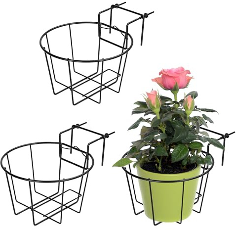 TQVAI 10 Inch Railing Planter - Fit for 1.5 to 3.5 Inches Railing - Adjustable Hanging Planters Outdoor Balcony Deck Flower Pot Holder Metal Baskets for Garden Orchid, Patio Ledge, 3 Pack, Black