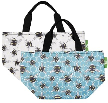 ECO CHIC Leichte faltbare Lunchtasche | wasserabweisende, isolierte Kühltasche für Arbeit/Picknicks/Wandern/Camping, Grillabende | aus recycelten Kunststoffflaschen (Bumble Bees Set of 2)