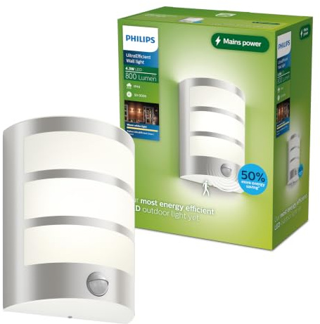 Philips Outdoor Ultra-Efficient Python Wandleuchte 3,8W, Bewegungssensor, 2700 Kelvin, IP44 wetterfest, edelstahl