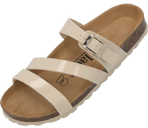 Palado Pantoletten Damen Ikaria – bequeme Sandalen Made in Spain - Hausschuhe mit dämpfendem Kork-Fußbett - modische Sommerschuhe Beige Lack/Beige UK5,5 - EU38